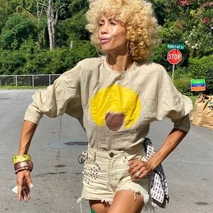 Vtg OOAK dolman batwing afro shirt top handpainted